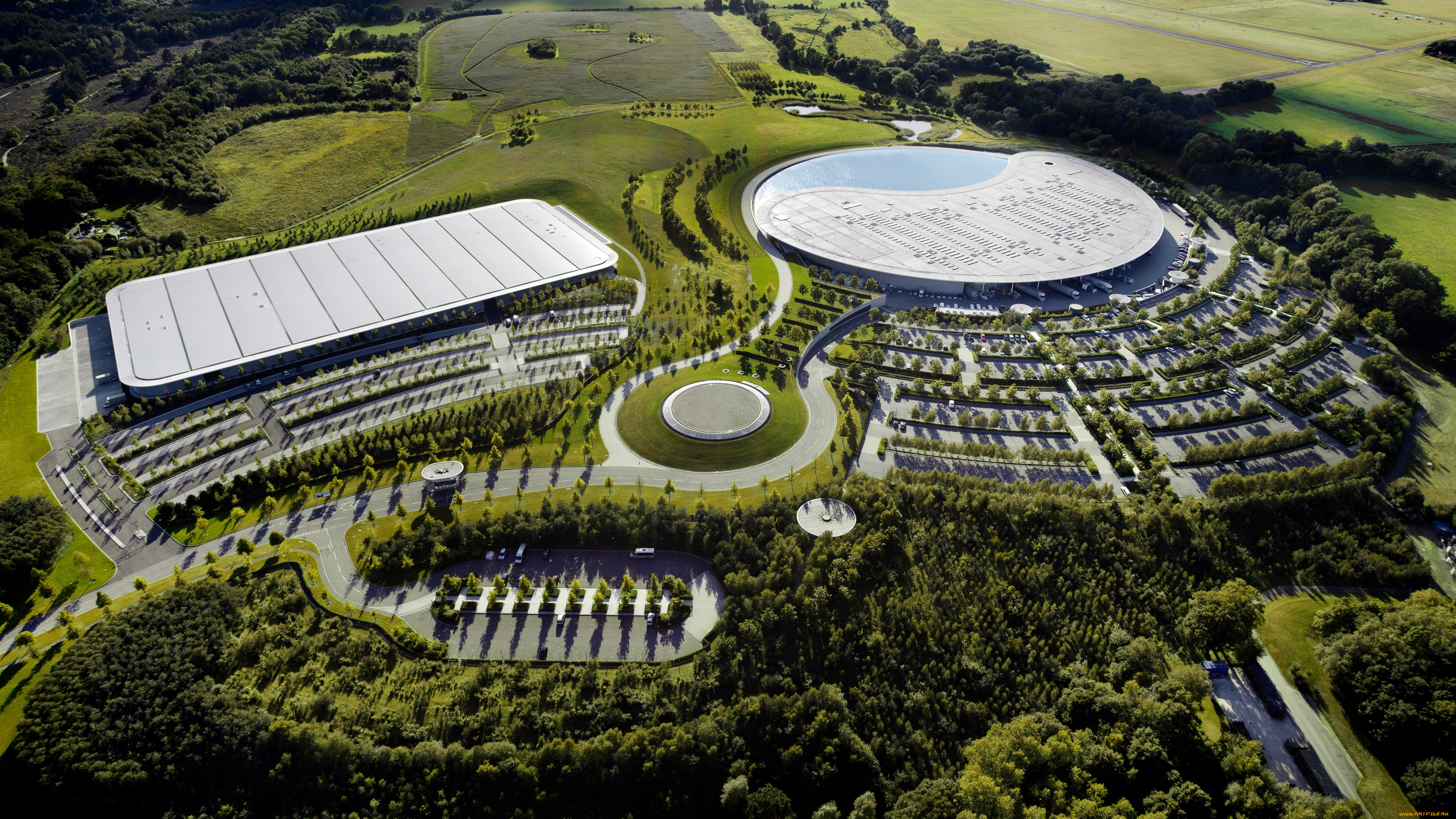, , - ,  , mclaren, office, surrey, england, modern, architecture, aerial, view